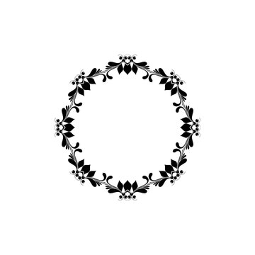  simple black flower circle frame isolated on white Round floral border Leaves flowers, wedding invitation and cards, logo design and posters template