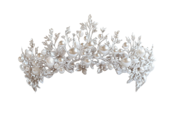 Silver crown adorned with delicate nature motifs isolated on transparent background