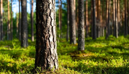 Pine forest trunk in sunlight