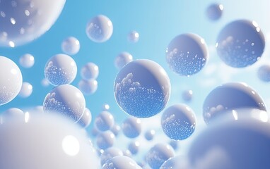 White spheres float in a light blue sky