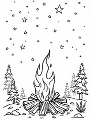 Minimilist illustration of a campfire with wood logs under a starry night sky and pine trees landscape drawing vector