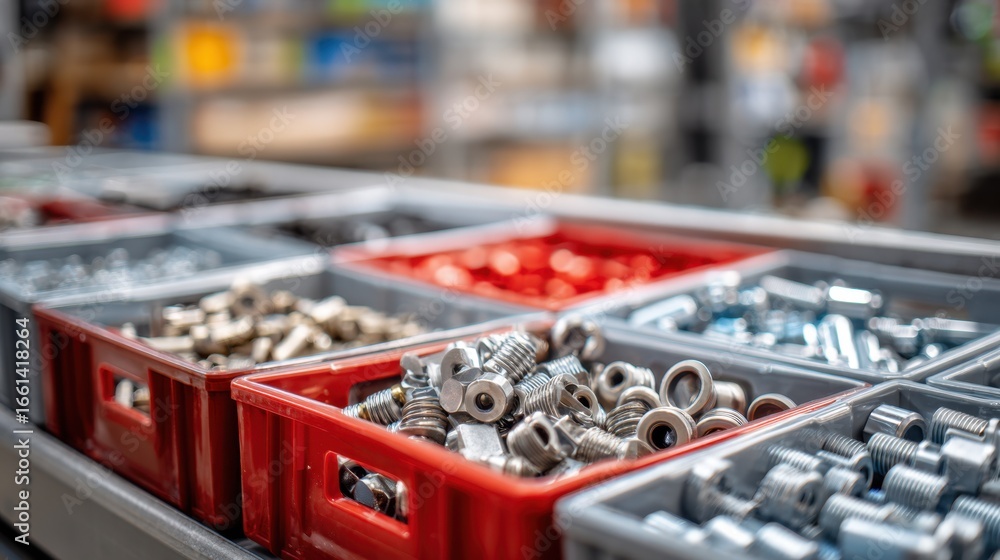 Poster Detailed view of a bulk kit of metal and plastic components for customizing vehicle exteriors with the background workshop gently out of focus.