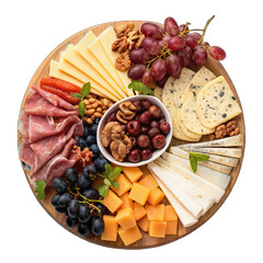 Appetizers boards with assorted cheese, meat, grape, and nuts charcuterie and cheese platter PNG image, delicious gourmet snack display, elegant food presentation, party platter close-up