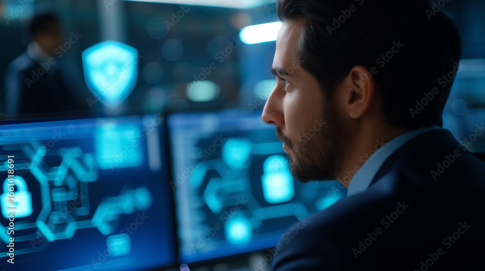 Poster cybersecurity specialist analyzes network vulnerabilities in command center