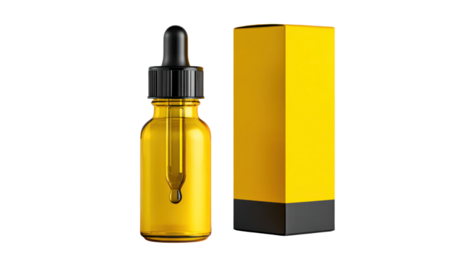Yellow dropper bottle and packaging on white background isolated on transparent background