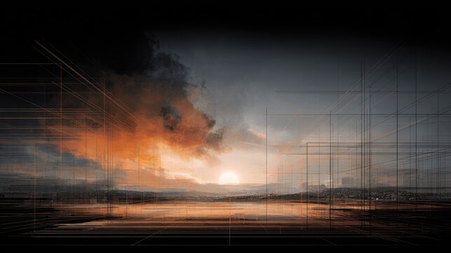 Abstract cityscape at sunset with geometric grid overlay.
