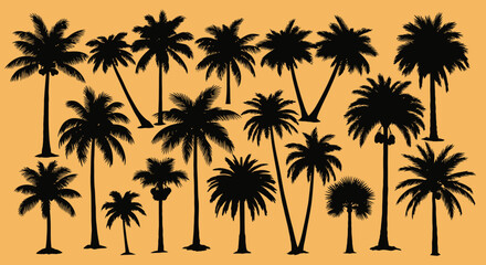 Silhouette palm trees at sunset create a tropical paradise perfect for travel designs and branding