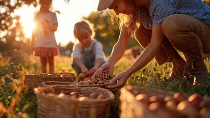 Parents and children sorting walnuts and apples into crates in a rustic scene with detailed lighting and textures