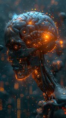 Side view portrait cyborg, robot on digital tech background, concept of technology, innovation, robotics industry, data and technology integration, digital companies, cybersecurity, digital marketing