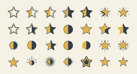 Stars and moon phases graphic elements for modern celestial designs, branding, and creative projects
