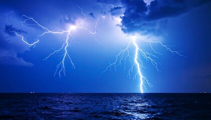 Dramatic lightning strike over ocean at night