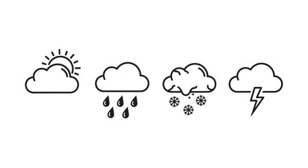 Clear skies, rain, snow, and lightning cloud icons representing diverse weather conditions