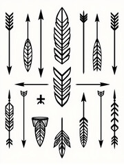 Minimilist collection of assorted black and white tribal arrows and feathers in a seamless pattern design style vector