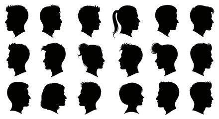 Diverse head silhouettes showcasing unique hairstyles and profiles for creative design projects or identity concepts