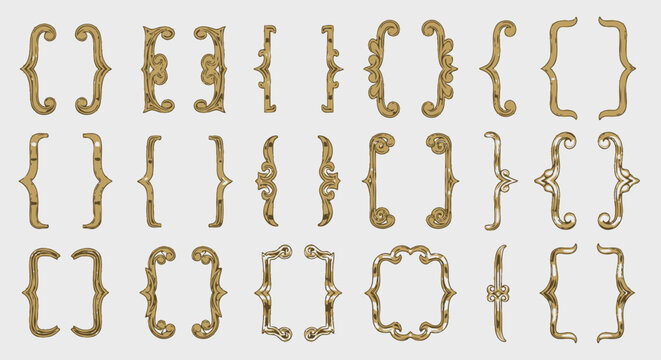 Elegant ornate golden and silver bracket set for invitations and luxury design elements, perfect for weddings