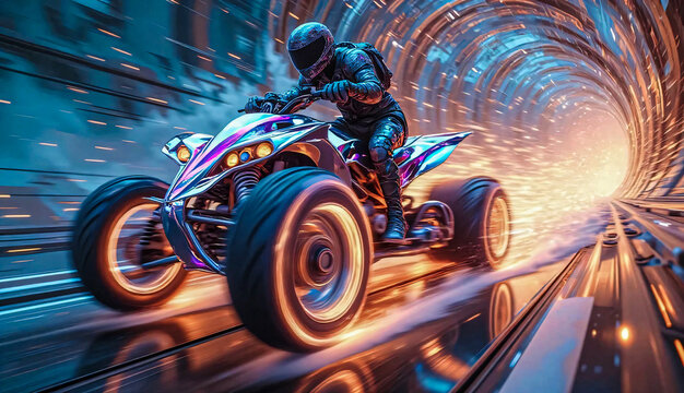 Extreme quad biking.
A rider in full gear leans forward aggressively on a sleek, modern ATV.