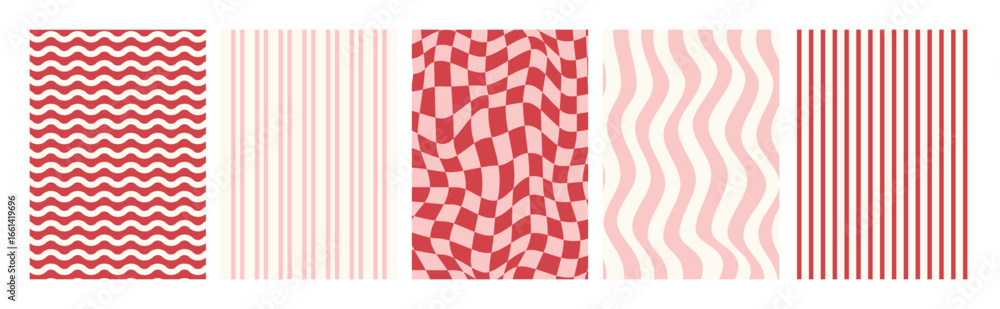 Poster red abstract seamless pattern collection with wavy lines, vertical stripes, distorted checkerboard, 
