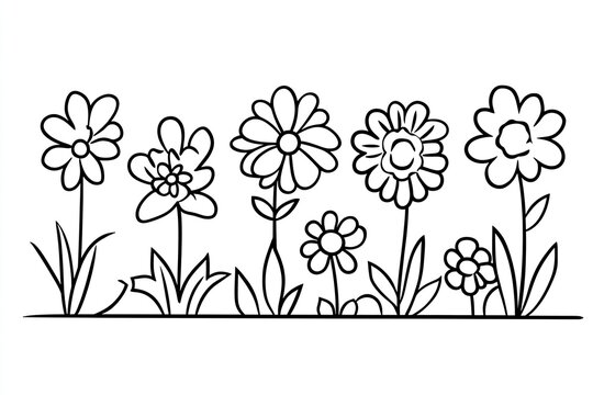 Simple Line Drawing of Flowers in a Garden Row