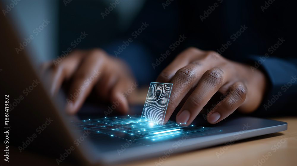 Poster futuristic biometric authentication system with fingerprint and face scan