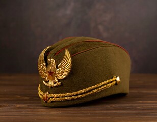 Olive Green Military Hat on Wooden Table