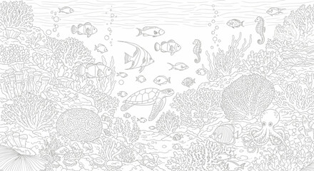 Fototapeta premium Underwater scene line art featuring coral reef, sea turtle, seahorse and tropical fish for coloring book pages