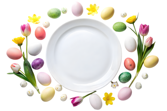 White plate with easter eggs and flowers on white background flat lay copy space