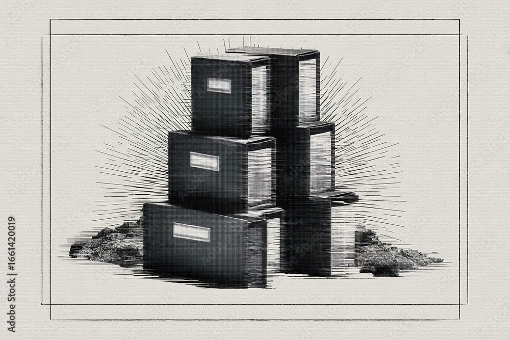 Poster stacked containers create an abstract design with dramatic lines and textures in a minimalist settin