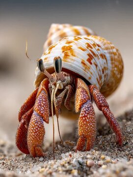 A close-up of a hermit crab nestled within its shell, showcasing intricate details of its exoskeleton and the beautiful patterns of the shell.