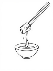 Minimilist outline drawing of sushi roll held by chopsticks dripping sauce into a bowl on a white background vector