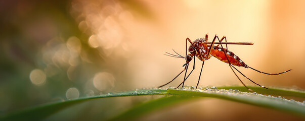 Mosquito perched on green leaf with dew drops at sunset in a natural setting