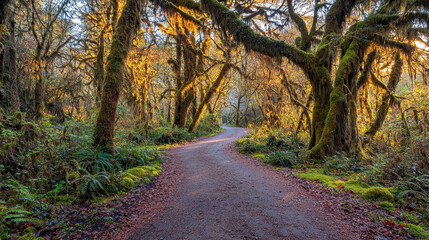 Fototapeta premium Sunlit moss-draped forest path winding through lush, green temperate rainforest
