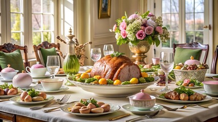 Elegant holiday dinner table setting with a roasted ham and floral centerpiece