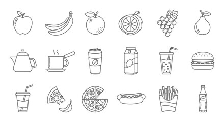 Line art food and drink icons set for menu design, delivery apps, or healthy lifestyle blog projects