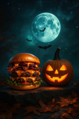 Halloween burger with pumpkin and full moon