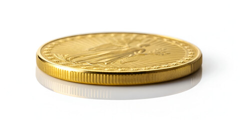 Gold coin isolated on white with metallic reflections and macro photorealistic texture style