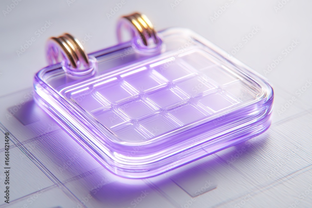 Poster transparent purple calendar design with grid pattern and elegant gold rings setting on a light backg