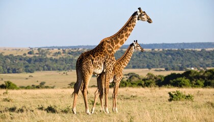 Obraz premium Giraffe family in the savannah, wildlife with pattern skin mother and cub walking during sunny day