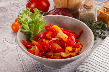 Diced raw bell red and yellow pepper