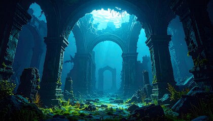Ethereal underwater ancient ruins with glowing blue light and mossy stones.