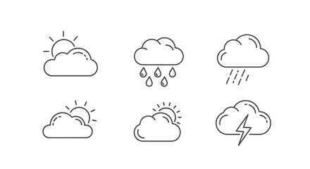 Weather forecast icons for weather apps and widgets conveying sun, rain, and storms in a simple design