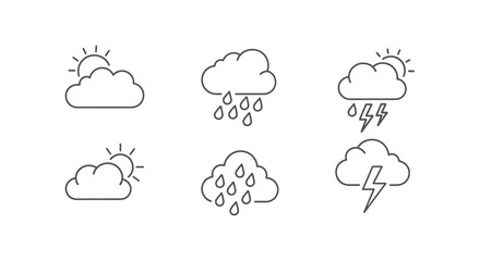 Weather forecast icons showing sunshine, rain, and thunderstorms for website or app design needs