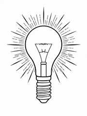 Minimilist illustration of a lightbulb with radiating lines on a white background in a simple line drawing style vector
