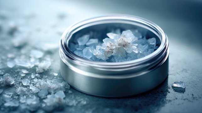 Close-up image of silver iodide crystals in open container highlighting texture and detail for scientific study
