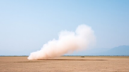 Obraz premium Industrial smoke generator emitting white cloud on vast dry field during clear day for environmental awareness and pollution concepts
