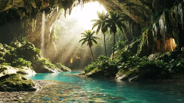 Sunbeams illuminate a tranquil hidden paradise, a secret lagoon inside a vast cavern with lush tropical vegetation and waterfalls.