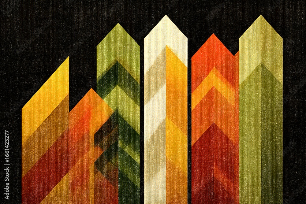 Poster modern geometric design featuring vibrant colors with triangular patterns on a dark background