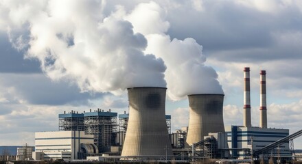 Obraz premium Smoking Cooling Towers and Chimneys of a Coal Power Plant on a Cloudy Day Representing Industrial Pollution and Energy Production