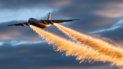 Aerial view of cloud seeding aircraft releasing silver iodide against dramatic sky for weather modification techniques
