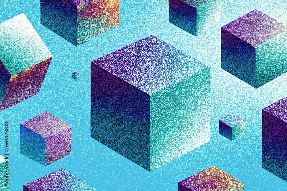 Poster floating geometric cubes in varying sizes create a dynamic abstract composition with a blue backgrou