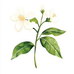 Fototapeta premium Watercolor depiction of delicate jasmine flowers with vibrant green leaves